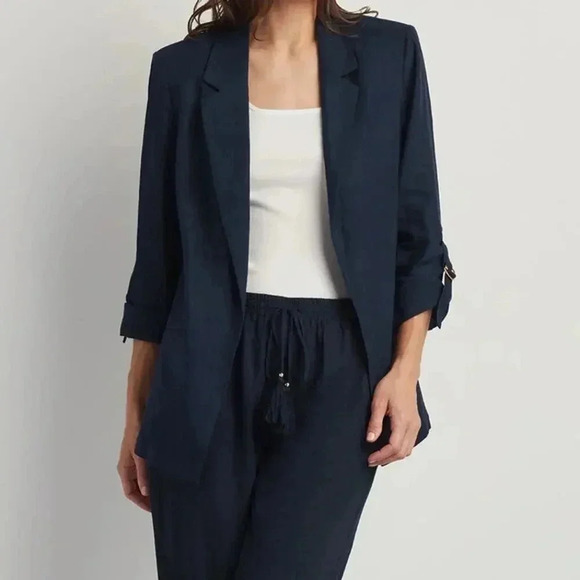 Ellen Tracy Open Front Linen Blend Blazer Size Medium Navy Blue Gold Ring - Picture 1 of 12